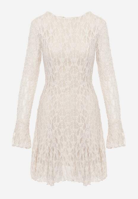 Beżowa Sukienka z Koronki Ozdobiona Rozkloszowanymi Rękawami Cinalata 6