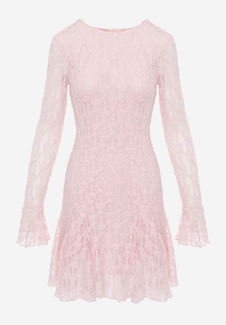 Różowa Sukienka z Koronki Ozdobiona Rozkloszowanymi Rękawami Cinalata 6