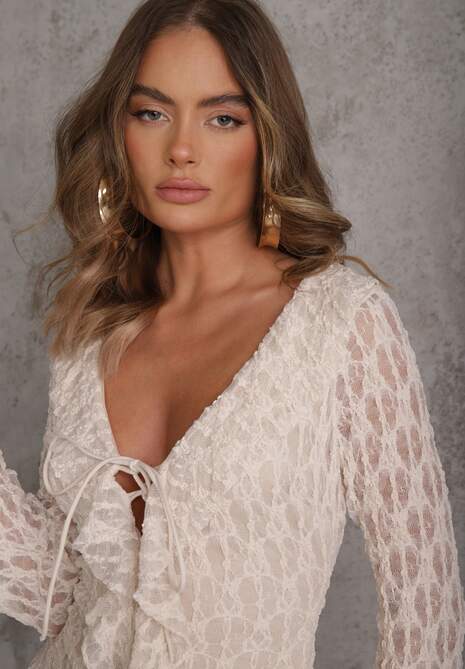 Beżowa Eteryczna Sukienka z Koronki z Falbankami i Wiązaniem Dianatta 5