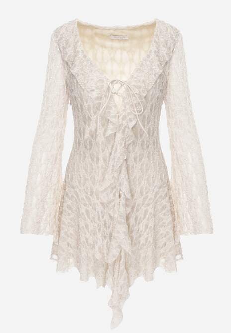 Beżowa Eteryczna Sukienka z Koronki z Falbankami i Wiązaniem Dianatta 6