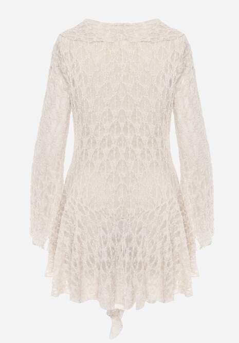 Beżowa Eteryczna Sukienka z Koronki z Falbankami i Wiązaniem Dianatta 7