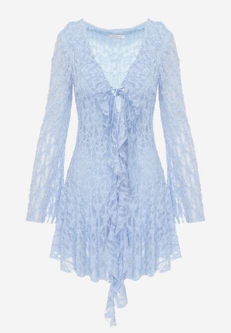 Niebieska Eteryczna Sukienka z Koronki z Falbankami i Wiązaniem Dianatta 6
