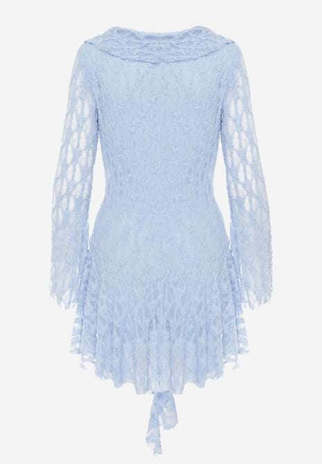 Niebieska Eteryczna Sukienka z Koronki z Falbankami i Wiązaniem Dianatta 7