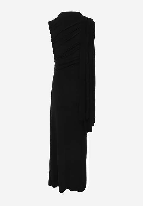 Czarna Wieczorowa Sukienka Marszczona z Wszytym Szalem i Biżuteryjną Broszką Cezalia 7