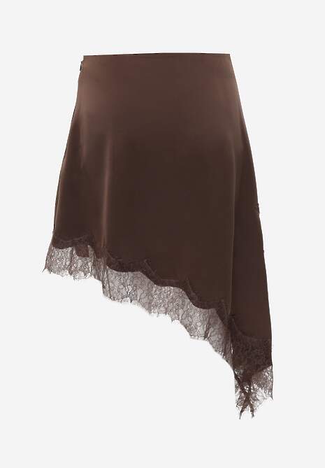 Brązowa Asymetryczna Spódnica z Satyny Zdobiona Koronką Katarva 7