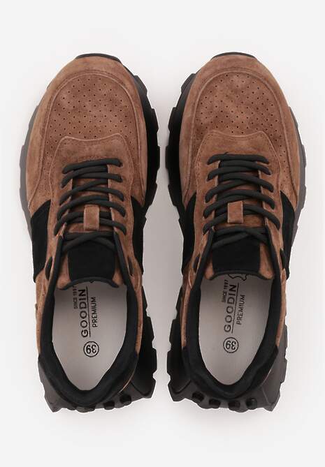 Ciemnobrązowe Zamszowe Sneakersy na Podeszwie Chunky z Perforowaną Cholewką Cezarlina 6