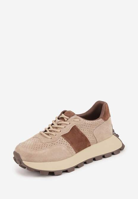 Ciemnobeżowe Zamszowe Sneakersy na Podeszwie Chunky z Perforowaną Cholewką Cezarlina 5