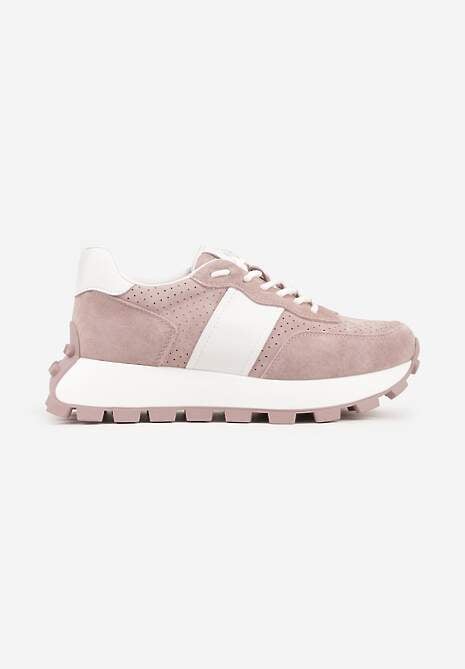 Różowe Zamszowe Sneakersy na Podeszwie Chunky z Perforowaną Cholewką Cezarlina 4