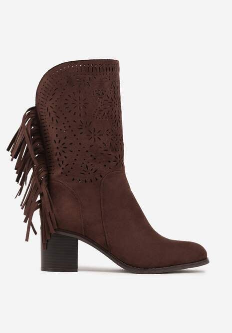 Ciemnobrązowe Botki Ażurowe Kowbojki z Wkładką ze Skóry Nauralnej i Frędzlami Cezive 4