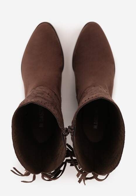 Ciemnobrązowe Botki Ażurowe Kowbojki z Wkładką ze Skóry Nauralnej i Frędzlami Cezive 6