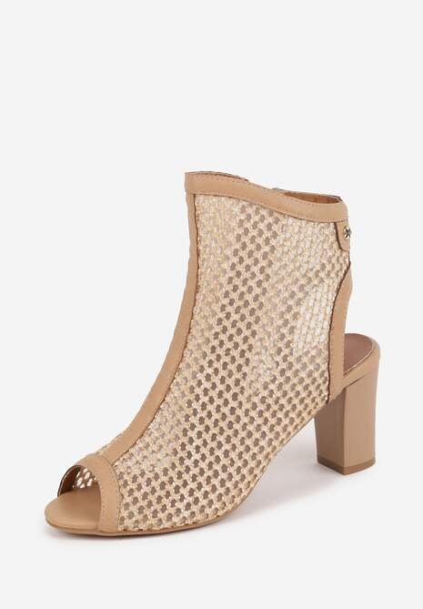 Beżowe Botki Peep Toe z Plecionki na Słupku ze Skórzaną Wkładką Alenika 5