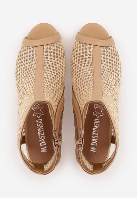 Beżowe Botki Peep Toe z Plecionki na Słupku ze Skórzaną Wkładką Alenika 6