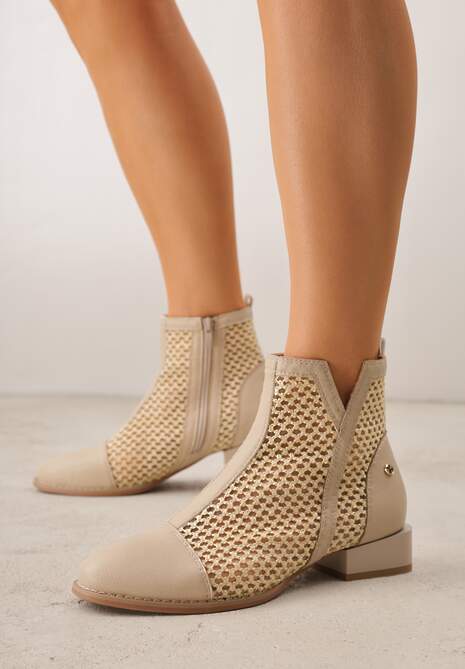 Beżowe Plecione Botki z Wkładką ze Skóry Naturalnej Nadelle