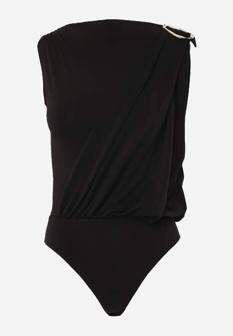 Czarne Body z Dekoltem Łódka Zdobione Marszczeniem i Aplikacją na Ramieniu Havrina 6