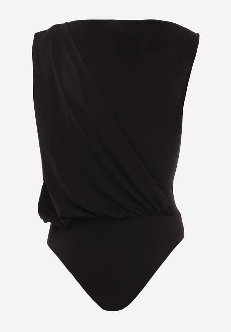Czarne Body z Dekoltem Łódka Zdobione Marszczeniem i Aplikacją na Ramieniu Havrina 7