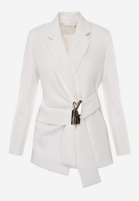 Biała Marszczona Marynarka Taliowana z Wiskozą z Ozdobą przy Wiązaniu Zynelle 6