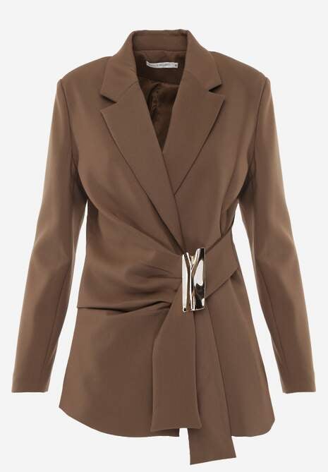 Brązowa Marszczona Marynarka Taliowana z Wiskozą z Ozdobą przy Wiązaniu Zynelle 6