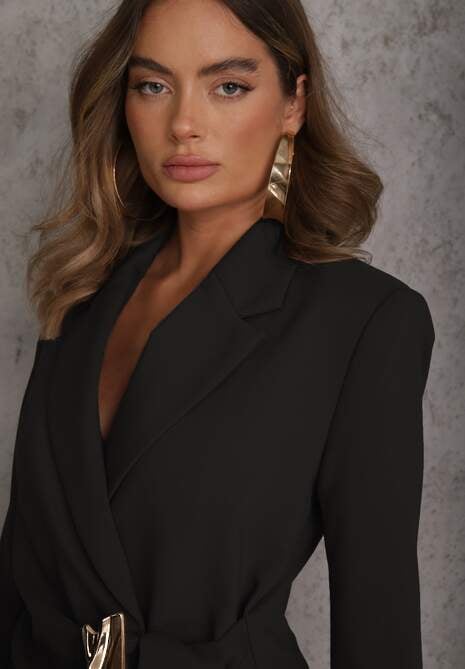 Czarna Marszczona Marynarka Taliowana z Wiskozą z Ozdobą przy Wiązaniu Zynelle 5