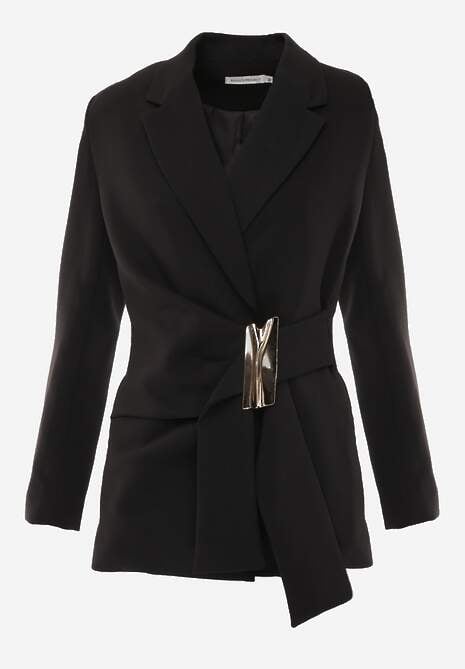 Czarna Marszczona Marynarka Taliowana z Wiskozą z Ozdobą przy Wiązaniu Zynelle 6