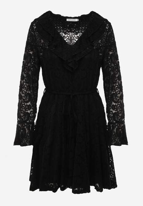Czarna Sukienka z Koronki Zdobiona Rozszerzanymi Rękawami i Wąskim Paskiem Kylimna 6