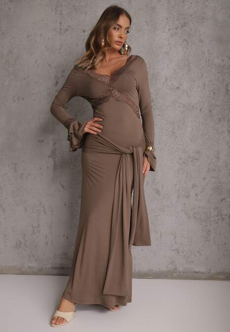 Brązowa Wiskozowa Sukienka Wieczorowa z Falbanami Koronką i Wiązanym Trenem Lenivna 4