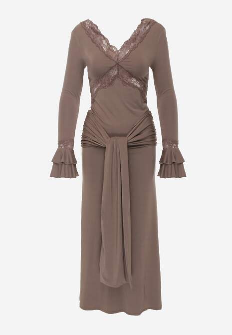 Brązowa Wiskozowa Sukienka Wieczorowa z Falbanami Koronką i Wiązanym Trenem Lenivna 6