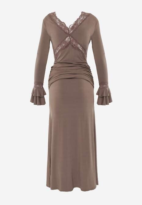 Brązowa Wiskozowa Sukienka Wieczorowa z Falbanami Koronką i Wiązanym Trenem Lenivna 7