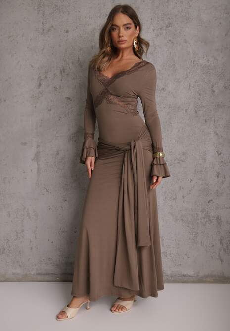 Brązowa Wiskozowa Sukienka Wieczorowa z Falbanami Koronką i Wiązanym Trenem Lenivna