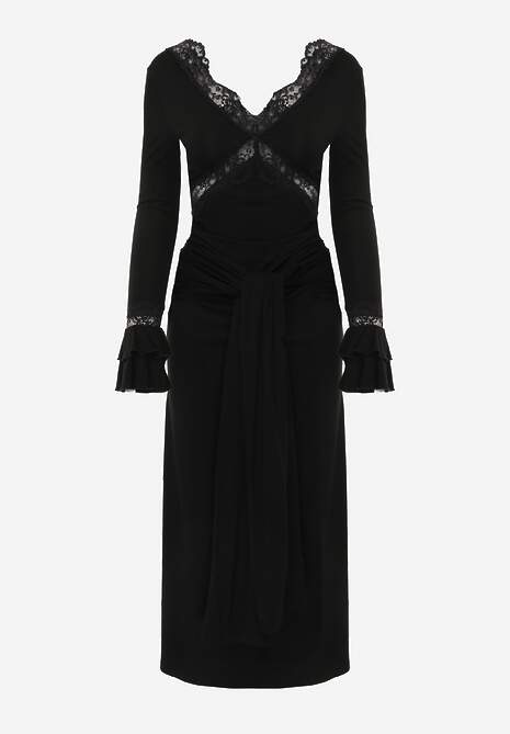 Czarna Wiskozowa Sukienka Wieczorowa z Falbanami Koronką i Wiązanym Trenem Lenivna 6