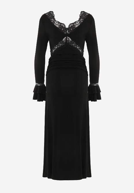 Czarna Wiskozowa Sukienka Wieczorowa z Falbanami Koronką i Wiązanym Trenem Lenivna 7