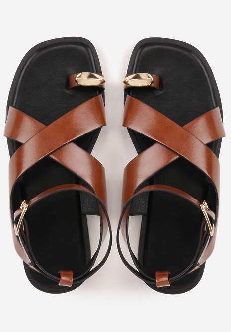 Brązowe Sandały w Stylu Japonek Ozdobione Metaliczną Aplikacją Carover 6