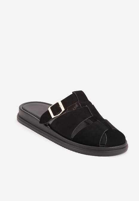 Czarne Klapki z Zakrytym Noskiem i Ozdobnymi Paskami z Klamerką Themine 5