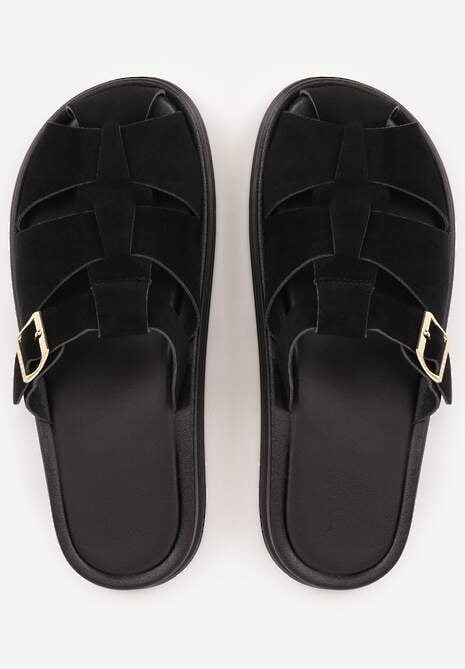 Czarne Klapki z Zakrytym Noskiem i Ozdobnymi Paskami z Klamerką Themine 6