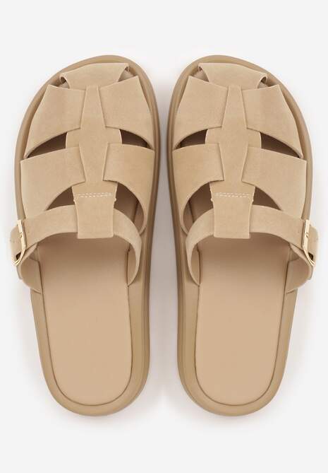 Beżowe Klapki z Zakrytym Noskiem i Ozdobnymi Paskami z Klamerką Themine 6