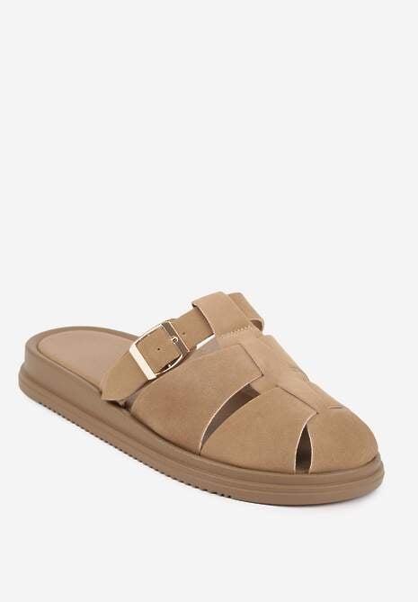 Ciemnobeżowe Klapki z Zakrytym Noskiem i Ozdobnymi Paskami z Klamerką Themine 5