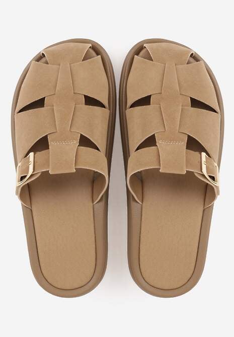 Ciemnobeżowe Klapki z Zakrytym Noskiem i Ozdobnymi Paskami z Klamerką Themine 6