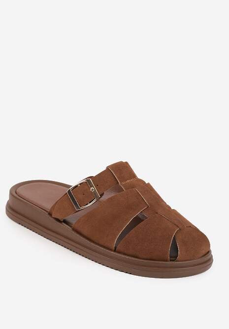 Brązowe Klapki z Zakrytym Noskiem i Ozdobnymi Paskami z Klamerką Themine 5