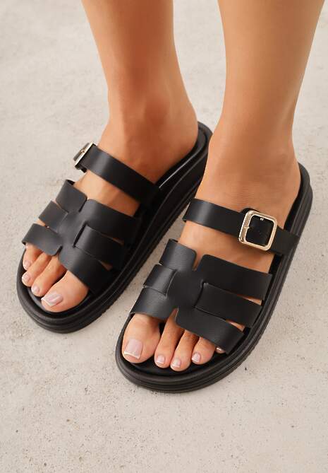 Czarne Klapki z Przekładanymi Paskami i Regulacją z Klamrą Celilye