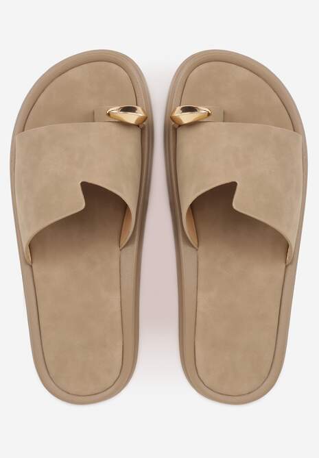 Ciemnobeżowe Klapki Japonki Ozdobione Aplikacją na Palcu Noevianna 6