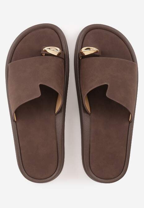 Brązowe Klapki Japonki Ozdobione Aplikacją na Palcu Noevianna 6