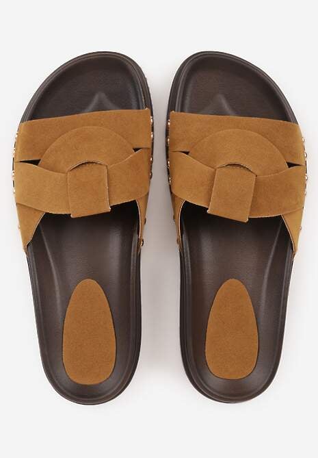 Brązowe Klapki z Przekładanymi Paskami i Ozdobnymi Nitami Talysha 6