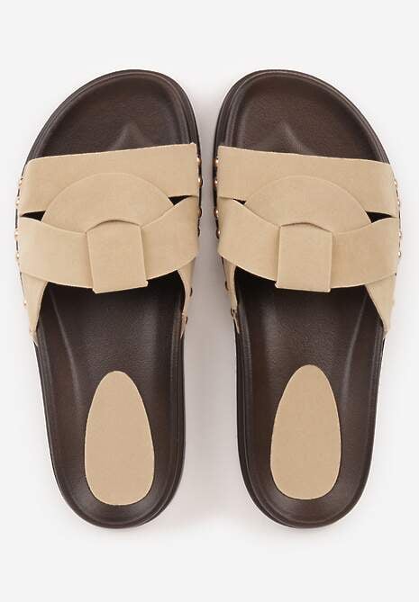 Beżowe Klapki z Przekładanymi Paskami i Ozdobnymi Nitami Talysha 6