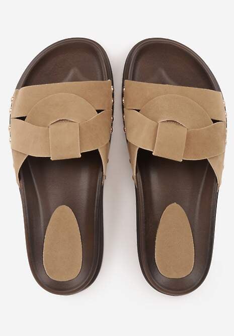 Ciemnobeżowe Klapki z Przekładanymi Paskami i Ozdobnymi Nitami Talysha 6