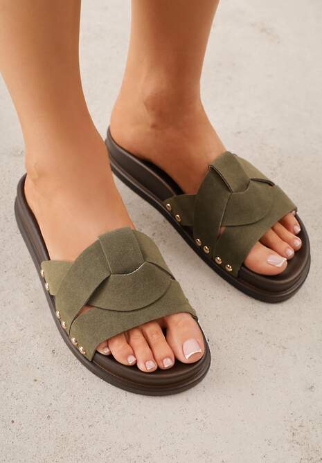 Zielone Klapki z Przekładanymi Paskami i Ozdobnymi Nitami Talysha