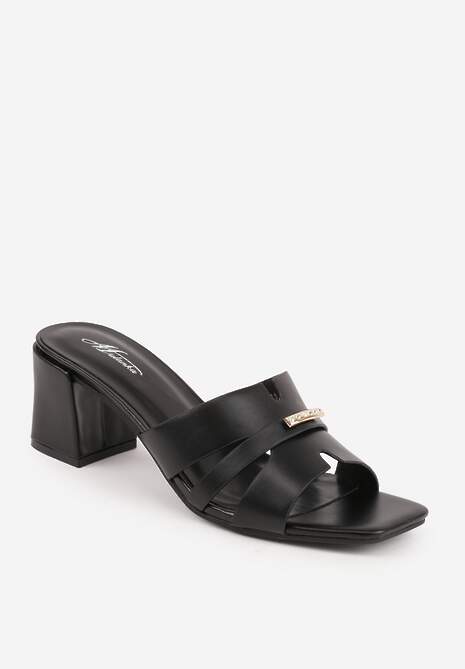 Czarne Klapki na Słupku z Kwadratowym Noskiem i Ozdobnymi Wycięciami Daerika 5