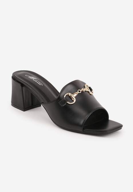 Czarne Klapki na Słupku z Kwadratowym Noskiem i Elegancką Klamerką Genissa 5