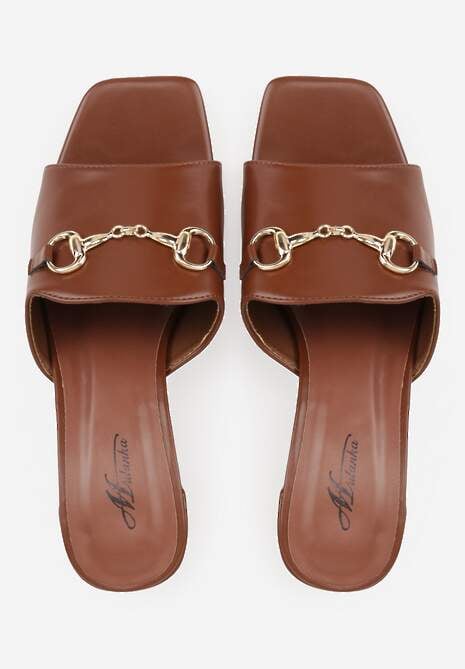 Brązowe Klapki na Słupku z Kwadratowym Noskiem i Elegancką Klamerką Genissa 6