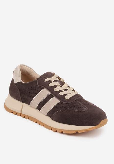 Brązowe Sneakersy z Zamszu Naturalnego z Ozdobnymi Paskami i Perforacją Ravinelle 5