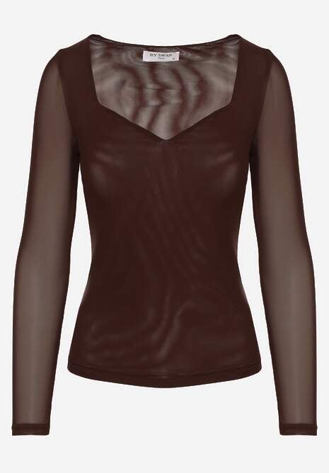 Ciemnobrązowa Bluzka Longsleeve z Siateczki z Wiskozą z Dekoltem w Serce Elinevia 6