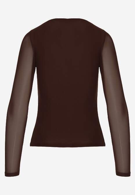 Ciemnobrązowa Bluzka Longsleeve z Siateczki z Wiskozą z Dekoltem w Serce Elinevia 7